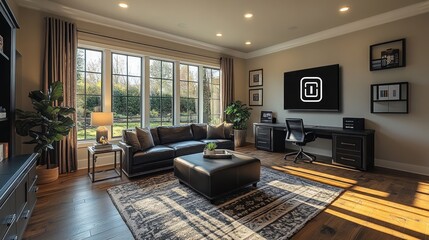 Luxurious living room with dark leather sofa, desk, and large windows.