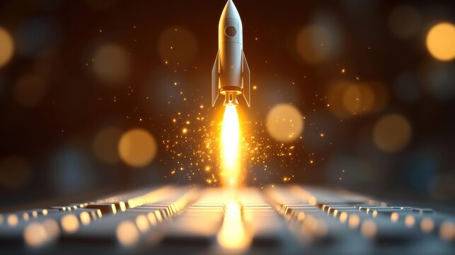 Rocket launching towards space technology event futuristic environment dynamic viewpoint innovation concept