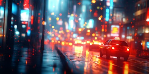 Rainy night city street scene with taxi and blurred lights.