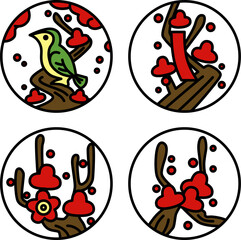 2月のカラーミニ円形花札アイコンセット