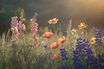 Obraz premium Golden hour sunlight illuminates vibrant wildflowers in a meadow.