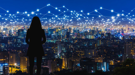Abstract businesswoman stands on the peak of success Smart digital city with connection cyber security network reciprocity over the cityscape future wireless digital city and social media networking

