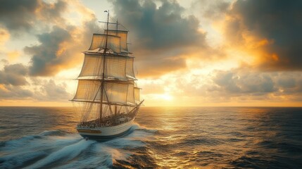 Obraz premium Sailing ship on ocean at sunset, dramatic sky.