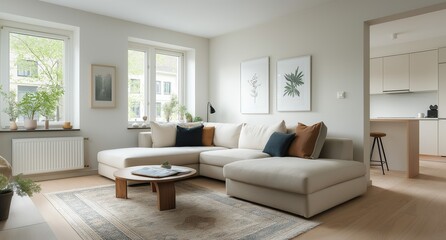 Modern, cozy living room with natural light, neutral colors, and stylish decor that enhances relaxation and comfort.