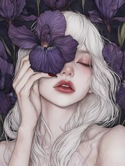 Beautiful woman with white hair and red lips, holding one Iris covering one of her eyes