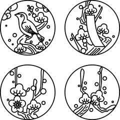 2月のシンプル円形花札アイコンセット