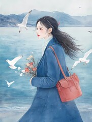 A beautiful young woman in a blue coat, holding flowers and a red bag with a shoulder strap, is walking on the beach by the sea. 