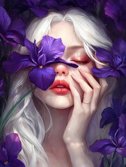 Beautiful woman with white hair and red lips, holding one Iris covering one of her eyes