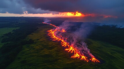 lava flowing lava in a valley