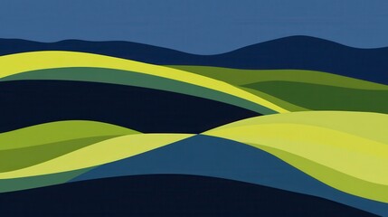 Abstract Landscape of Rolling Hills in Vibrant Green and Blue Tones with Smooth Curves Under a Deep Blue Sky for Nature and Art Designs