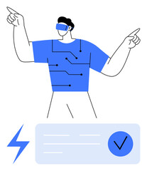 Man using virtual reality headset interacting with invisible interface, surrounded by tech circuitry, energy bolt, and checkmark icon. Ideal for technology, innovation, VR, software, UI design