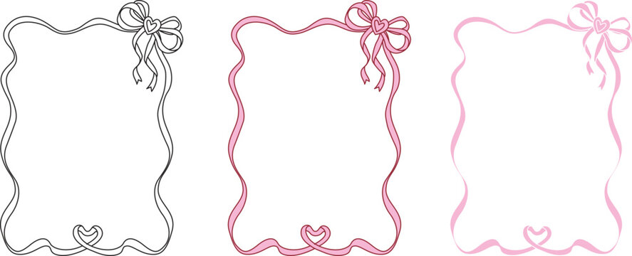 Hand drawn bow ribbon square frame with editable stroke thickness for wedding, valentines card and so on. Vector illustration.