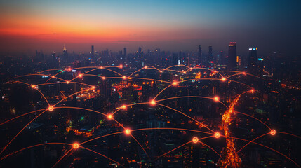 Smart digital city with connection cyber security network reciprocity over the cityscape . future smart wireless digital city and social media networking systems that connects people within the city