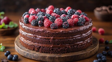 Chocolate layer cake with berries on a wooden board.