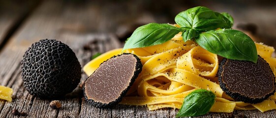 Black edible winter truffle, tagliatelle and fresh basil on wooden table. The most popular cooking...