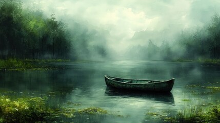 Misty lake with solitary boat.