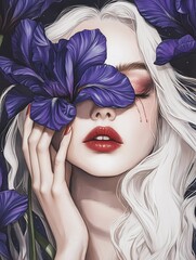 Beautiful woman with white hair and red lips, holding one Iris covering one of her eyes