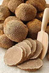 Black truffle, slices and wooden truffle slicer on white, clipping path , isolated on white background,  , copy space, copy space for text,