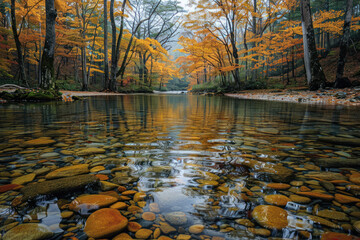 Obraz premium picturesque autumn landscape. In front of us is a river with clear water, at the bottom of which round stones are visible 