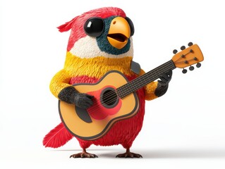 Colorful cartoon bird playing guitar under a tree in nature vibrant animation whimsical environment