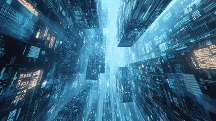 Modern urban skyline with digital elements creating a futuristic atmosphere at night