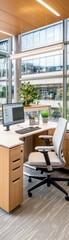 Modern Office Workspace with Ergonomic Chair and City View.