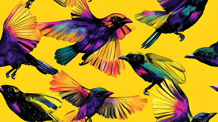 Fototapeta premium Vibrant Rainbow Birds Soar On Yellow Background