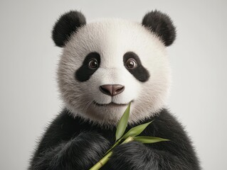 Fototapeta premium Playful panda holding bamboo nature sanctuary digital art soft details close-up view gigapixel quality