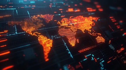Obraz premium Colorful digital world map illustration showing global connectivity and technology trends
