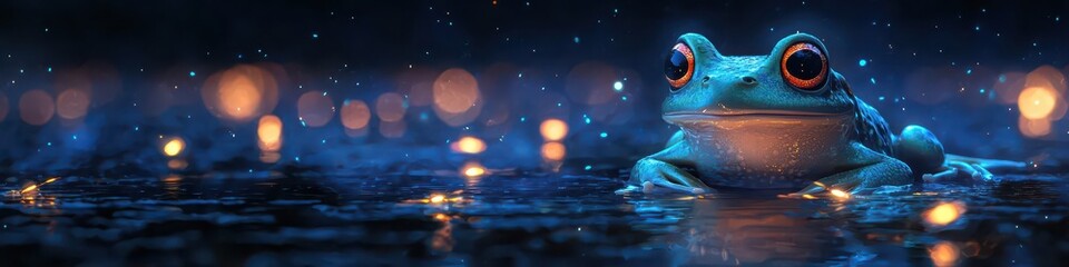 Obraz premium Enchanted frog prince adventure magical pond animated scene glowing environment dreamlike viewpoint fantasy concept