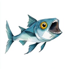 Obraz premium Watercolor Painting of a Blue Fish with Open Mouth, Isolated on White Background Cutout