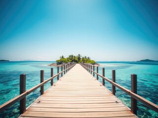 Fototapeta premium Tropical Paradise Wooden Bridge Leading to Island, beach with sky