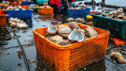 Harvesting geoducks and shells coastal waters seafood collection wet environment ground level marine life