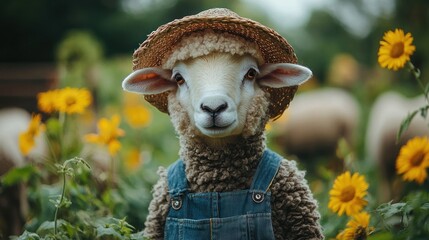Obraz premium A sheep wearing a straw hat and overalls stands among sunflowers in a pastoral setting.