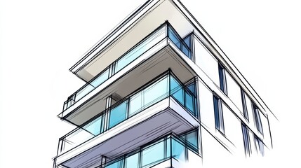 Obraz premium Modern Architectural Design Concept of a Stylish Residential Building Featuring Balconies and Large Windows in a Contemporary Sketch Style