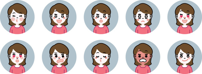 一般的な女性の表情アイコンセット（喜び・憧れ・恥ずかしい）