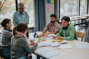 A group of university students working together on a project, guided by a senior professor. The...