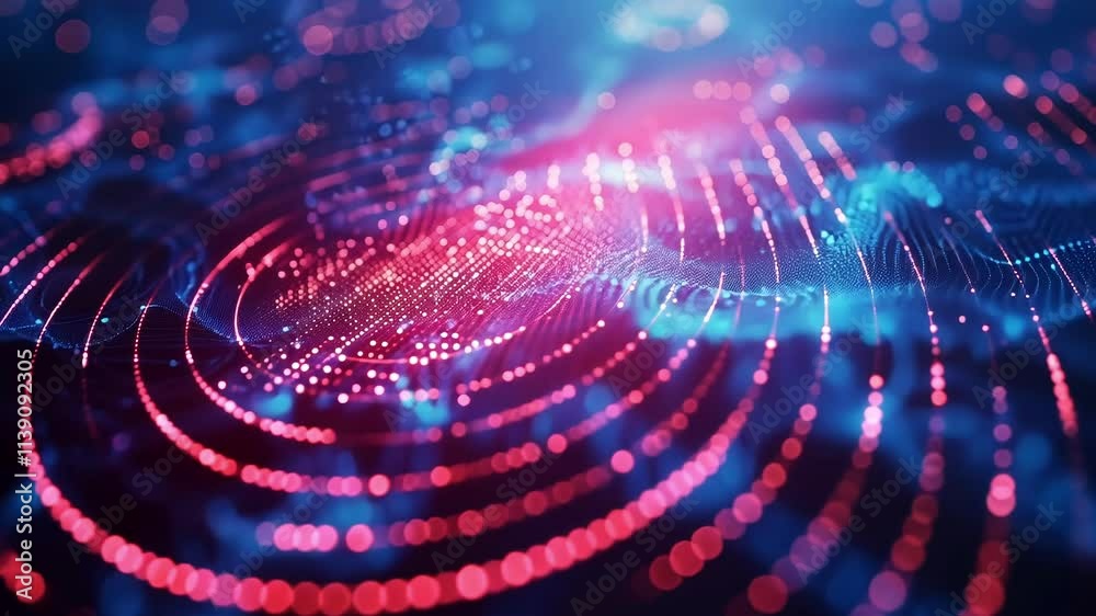 Poster complex data streams are visualized as a dynamic, flowing landscape of interconnected points of ligh