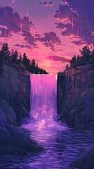 Majestic waterfall cascades over towering rugged cliffs amidst glowing vibrant sunset skies in a captivating mystical landscape  The serene