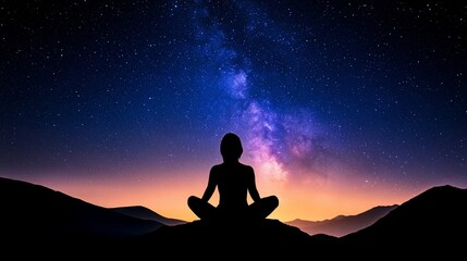Silhouette of person meditating under the Milky Way galaxy at night.