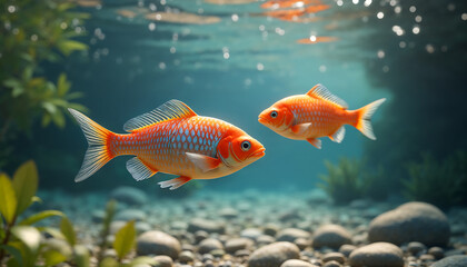 Fototapeta premium A stunning scene of fish swimming through lush tropical plants in crystal-clear river water, highlighting the natural beauty of the freshwater environment.