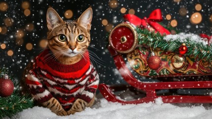 Playful cat in festive sweater near decorated sleigh