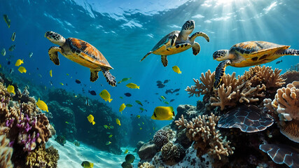 A serene and crystal clear underwater scene with graceful sea turtles gliding through calm ocean waters.