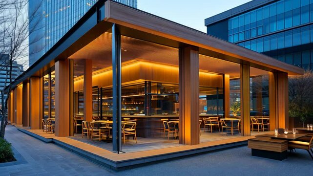 Open-air restaurant features modern design and ambient lighting in urban setting during twilight