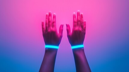 Obraz premium Two hands raised against a gradient background of pink and blue light, creating a vibrant and dynamic visual effect.