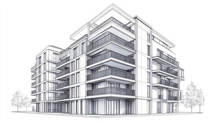 Modern Architectural Sketch of a Stylish Residential Building with Balconies and Large Windows Set in a Clean Urban Environment