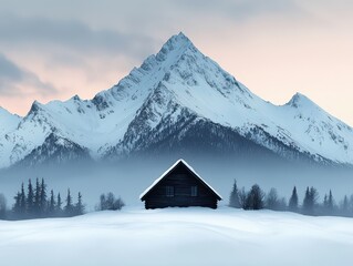Fototapeta premium Snowy mountain landscape with cabin winter wonderland gigapixel photography serene environment captivating viewpoint