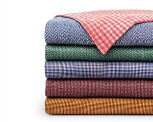 Textile display of vintage fabrics stacked neatly studio setting high-resolution image soft lighting colors and patterns