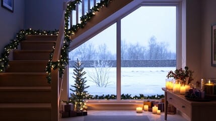 Fototapeta premium Cozy winter scene with decorated staircase and snowy view