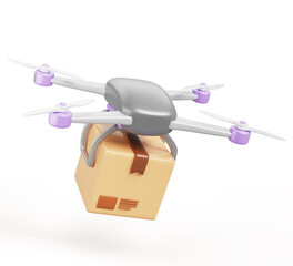 3d drone with cardboard box flying in air. Fast delivery service, modern logistic technology future. Smart quadcopter with parcel package, unmanned aerial vehicle, cartoon render icon. 3D illustration